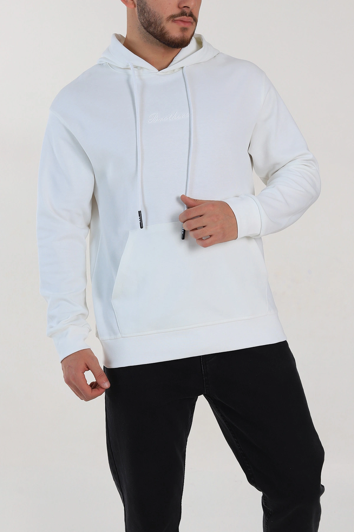 Beyaz Oversize Duble Kumaş Basic Erkek Kapüşonlu Sweatshirt 300189