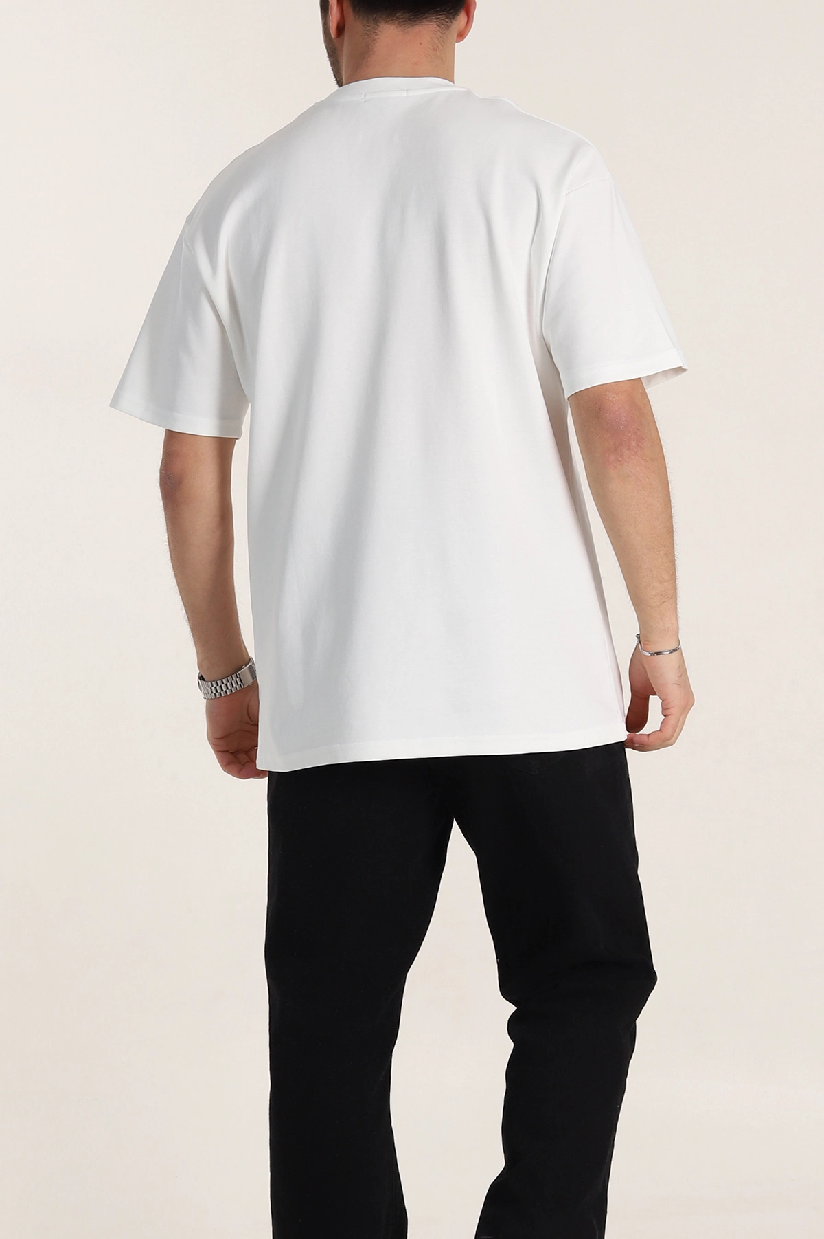 Beyaz Oversize Duble Kumaş Nakış Detaylı Erkek Tişört 345727