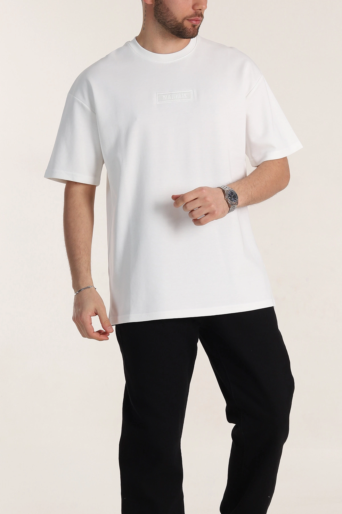 Beyaz Oversize Duble Kumaş Nakış Detaylı Erkek Tişört 345727