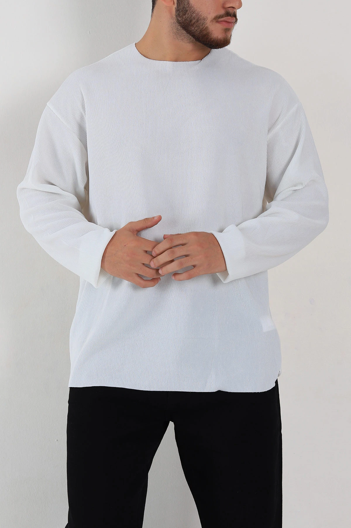 Beyaz Oversize Fitilli Doku Geniş Yaka Erkek Sweatshirt 306962