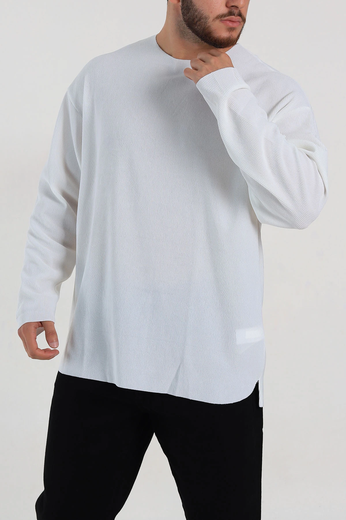 Beyaz Oversize Fitilli Doku Geniş Yaka Erkek Sweatshirt 306962