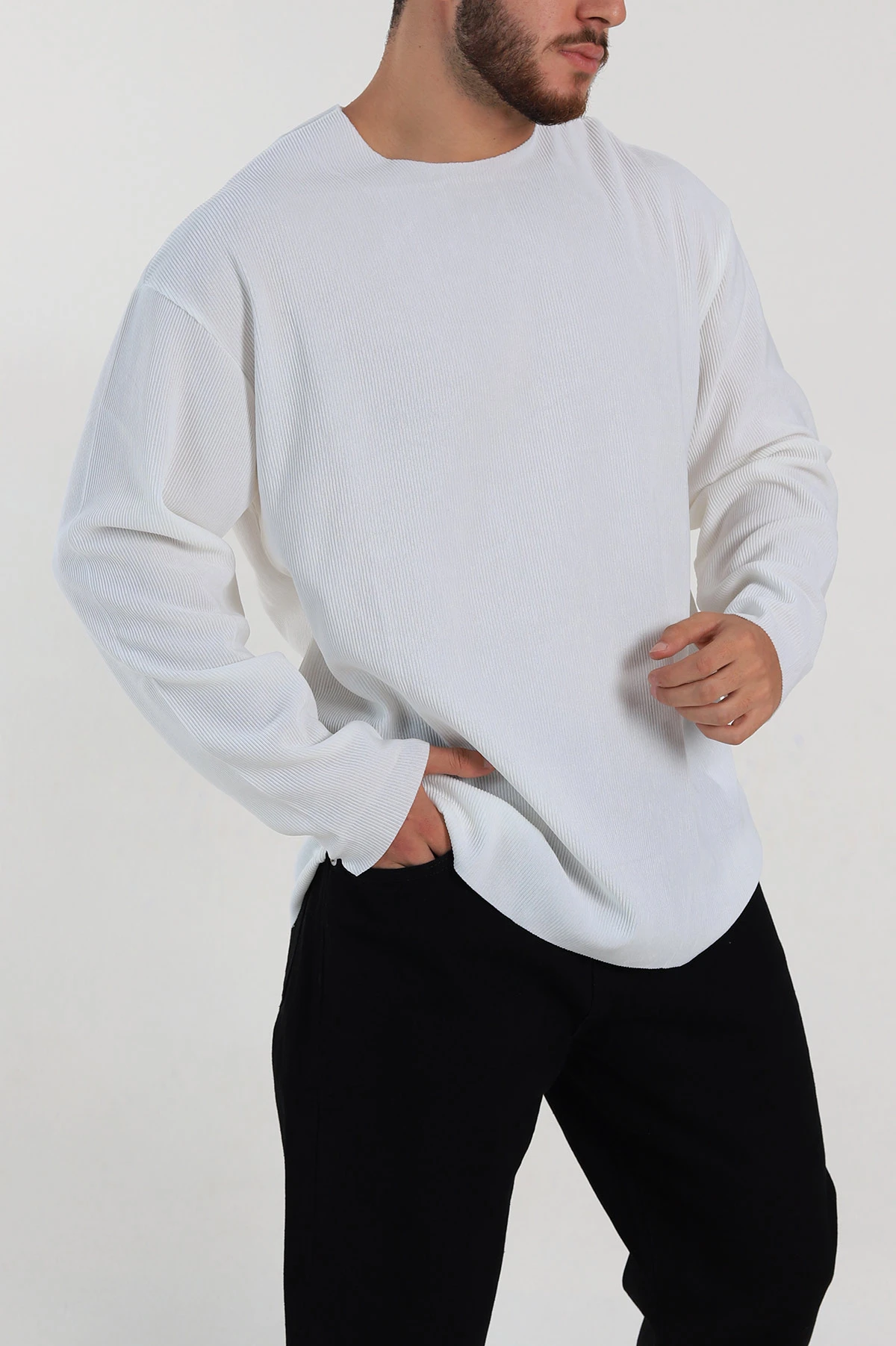 Beyaz Oversize Fitilli Doku Geniş Yaka Erkek Sweatshirt 306962