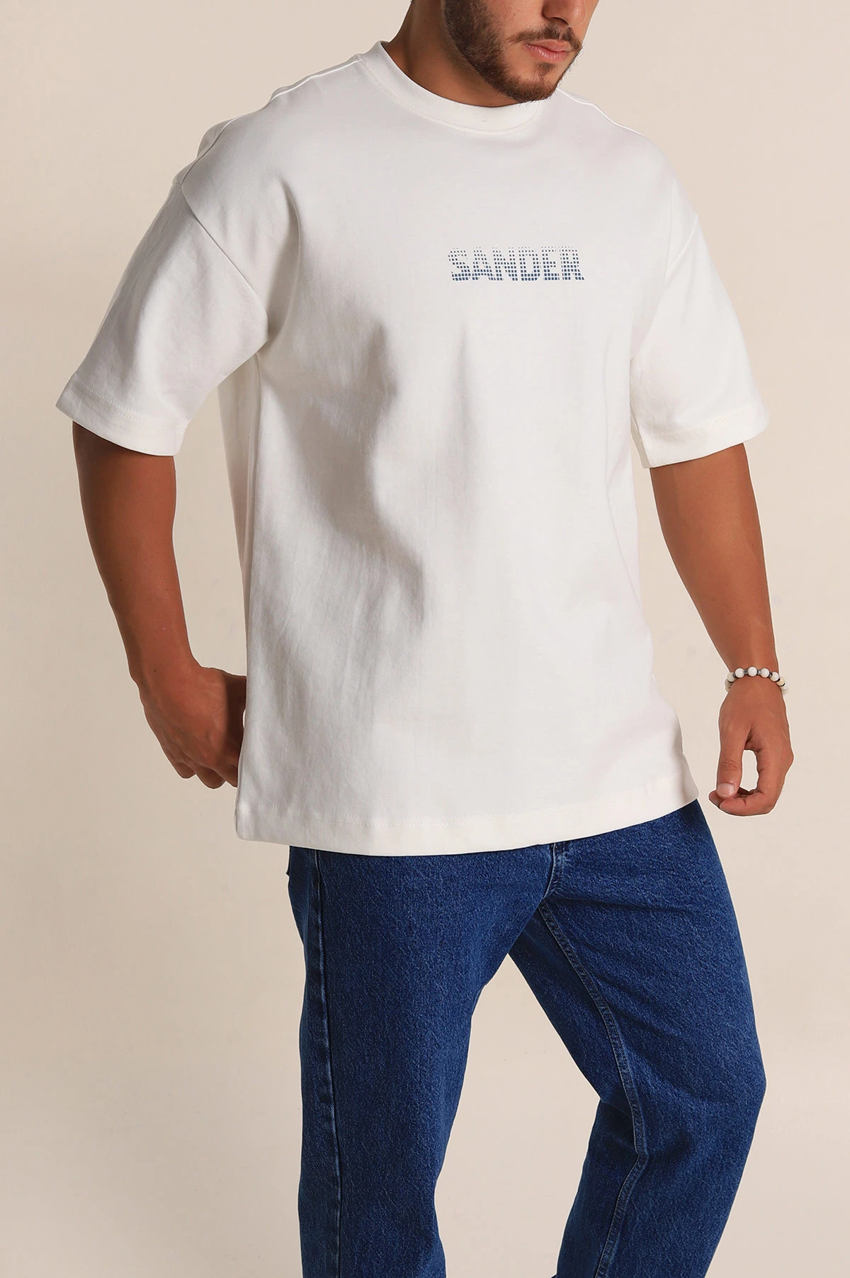 Beyaz Oversize İki İp Kabartma Sırt Baskılı Erkek Tişört 266837