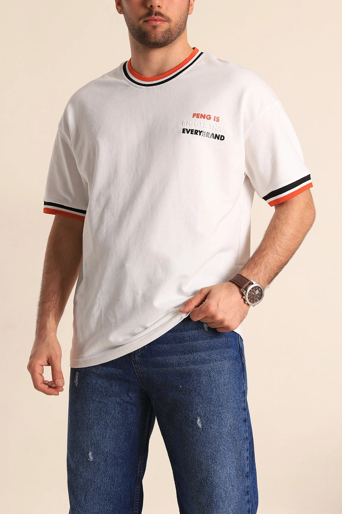 Beyaz Oversize İki İp Kabartma Yazı Detaylı Erkek Tişört 247946