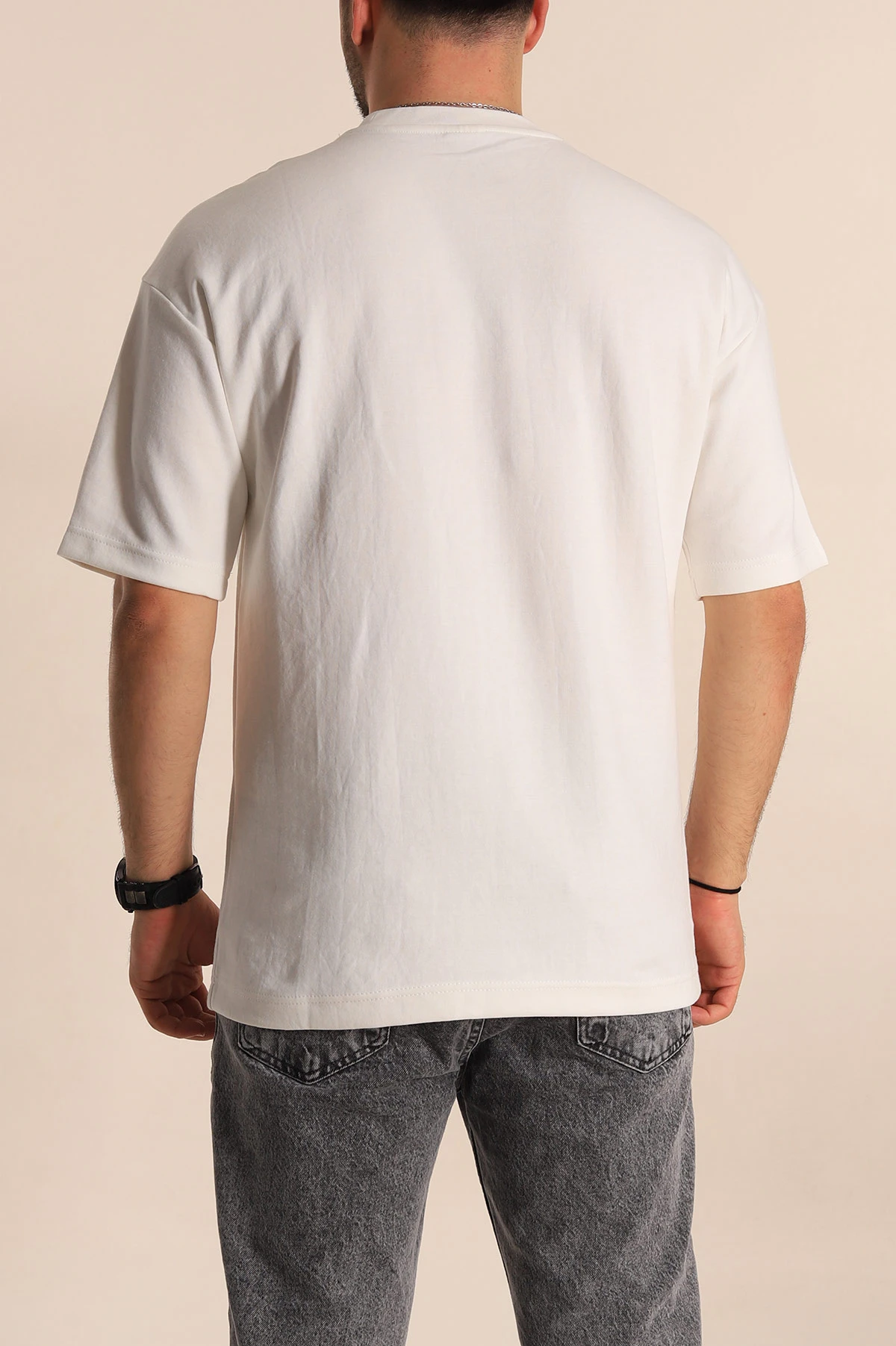 Beyaz Oversize İki İp Kabartma Yazılı Erkek Tişört 266842