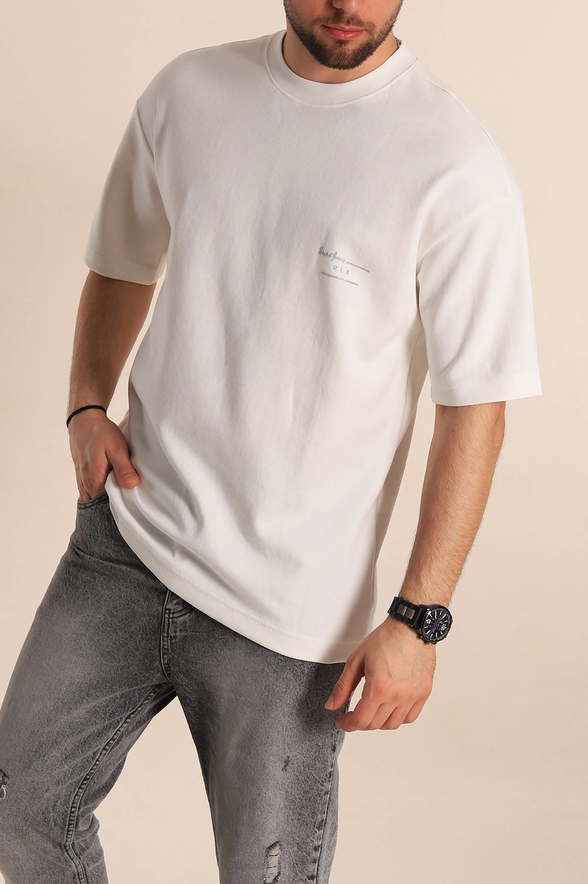 Beyaz Oversize İki İp Kabartma Yazılı Erkek Tişört 266842
