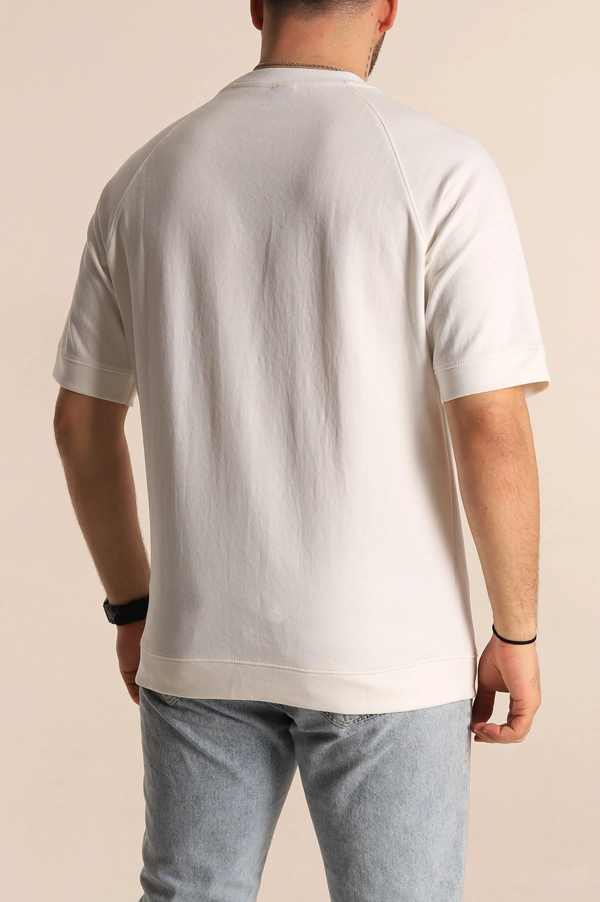 Beyaz Oversize İki İp Kabartma Yazılı Reglan Kol Detaylı Erkek Tişört 266861