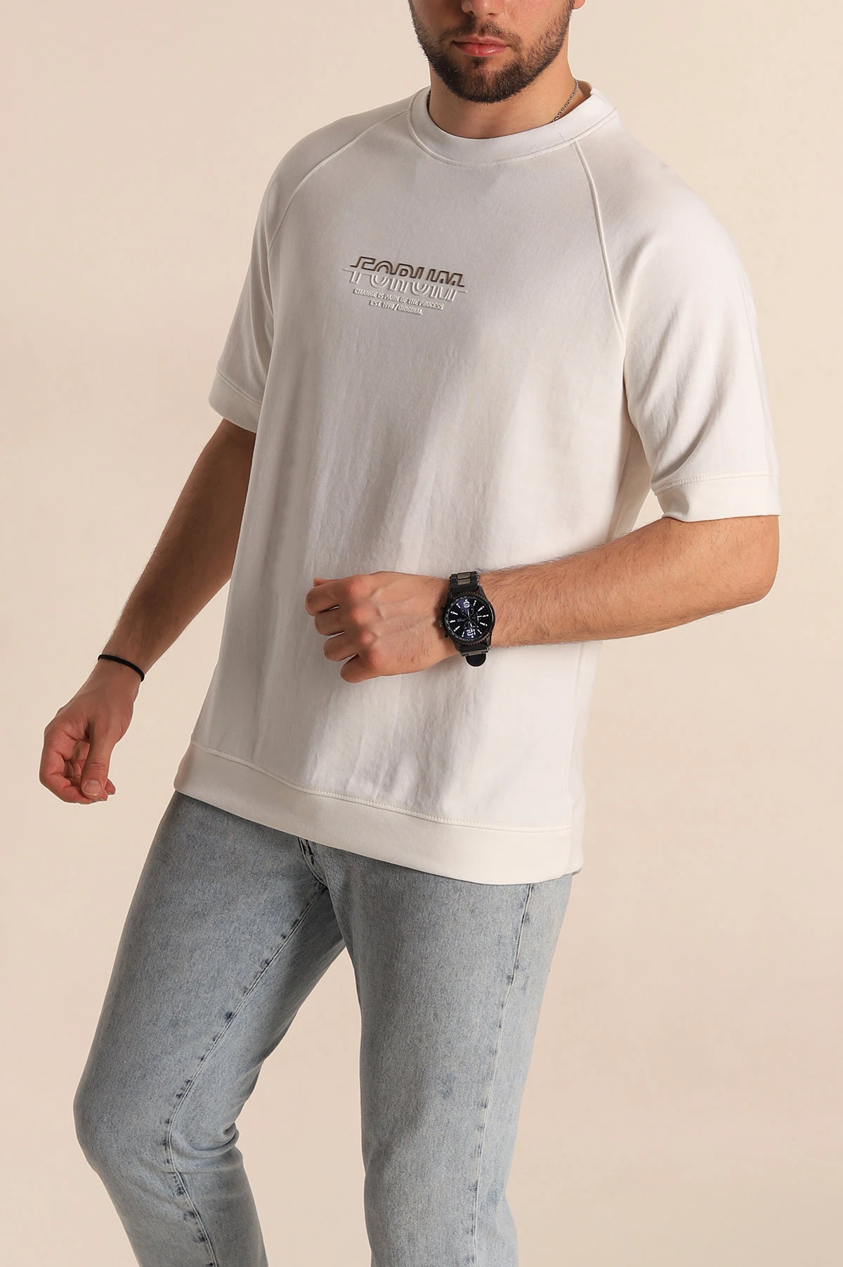 Beyaz Oversize İki İp Kabartma Yazılı Reglan Kol Detaylı Erkek Tişört 266861