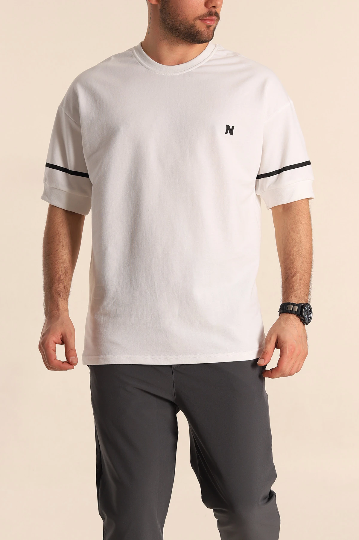 Beyaz Oversize İki İp Kol Lastikli Erkek Tişört 247974