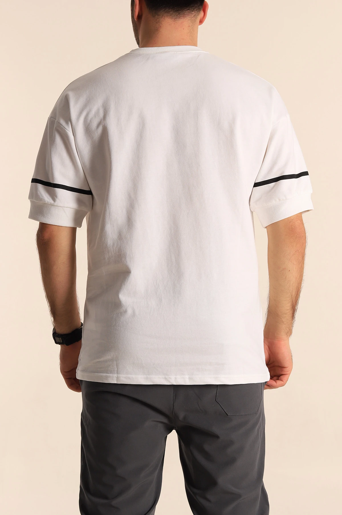 Beyaz Oversize İki İp Kol Lastikli Erkek Tişört 247974
