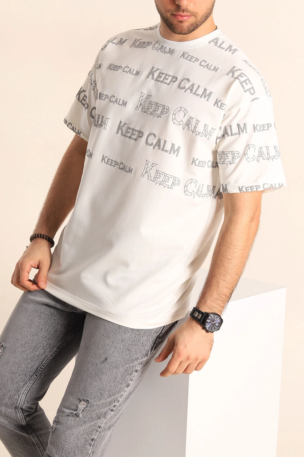 Beyaz Oversize İki İp Yazı Detay Erkek Tişört 247573