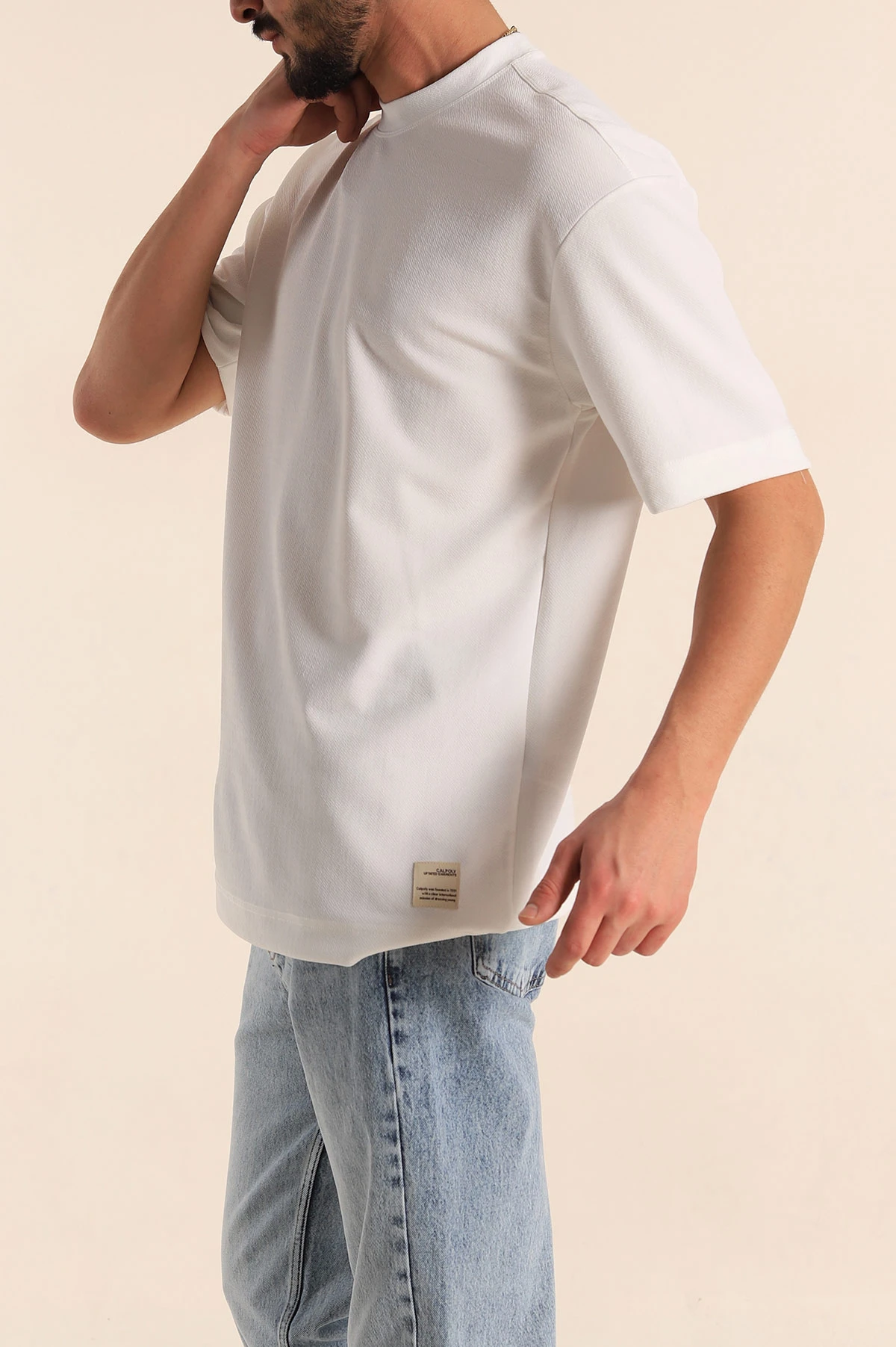 Beyaz Oversize Jakarlı Basic Erkek Tişört 249460