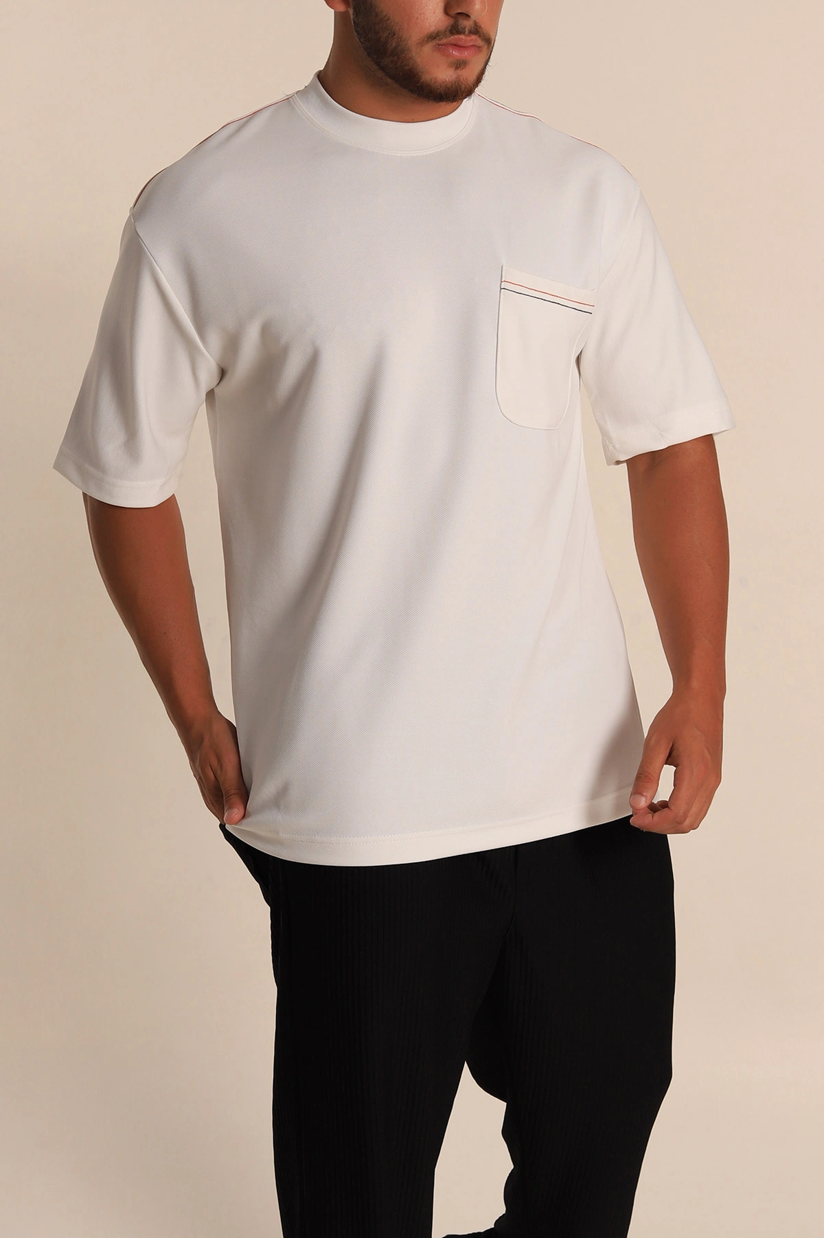 Beyaz Oversize Jakarlı Cep Detaylı Erkek Tişört 285767
