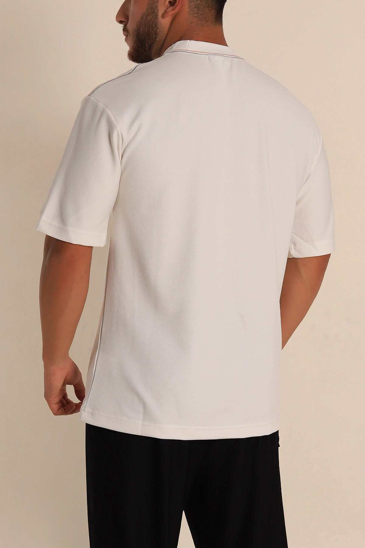 Beyaz Oversize Jakarlı Cep Detaylı Erkek Tişört 285767