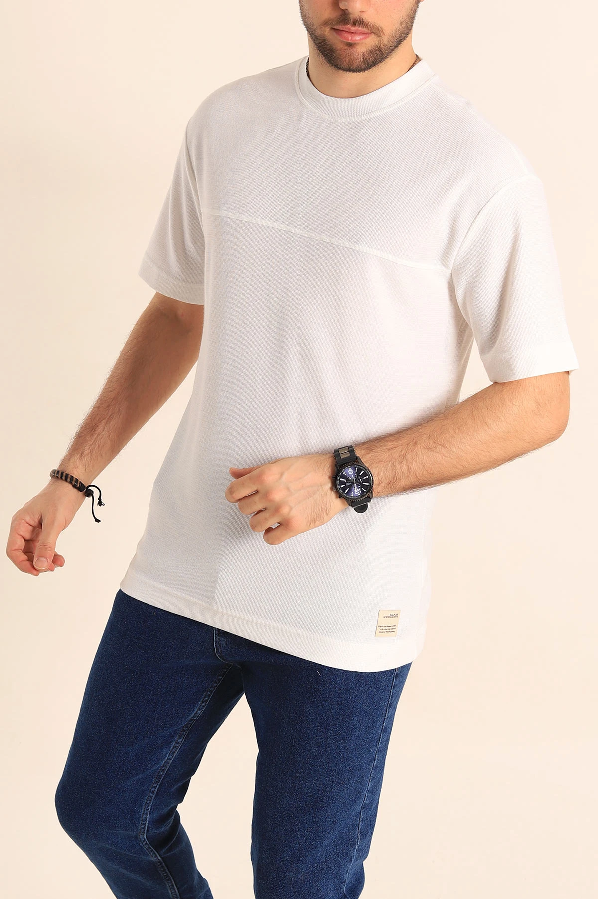 Beyaz Oversize Jakarlı Dikiş Detaylı Erkek Tişört 253354