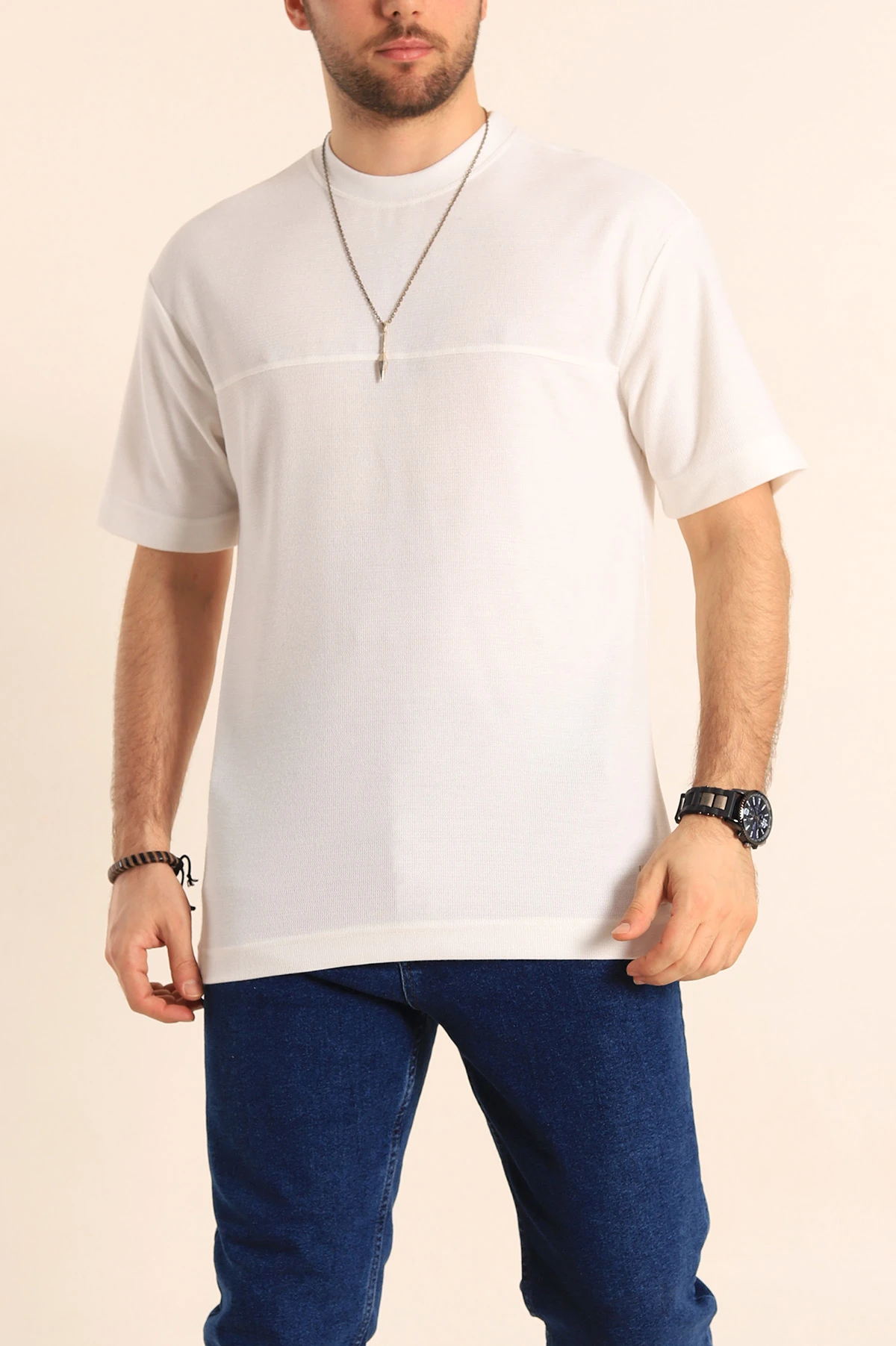 Beyaz Oversize Jakarlı Dikiş Detaylı Erkek Tişört 253354