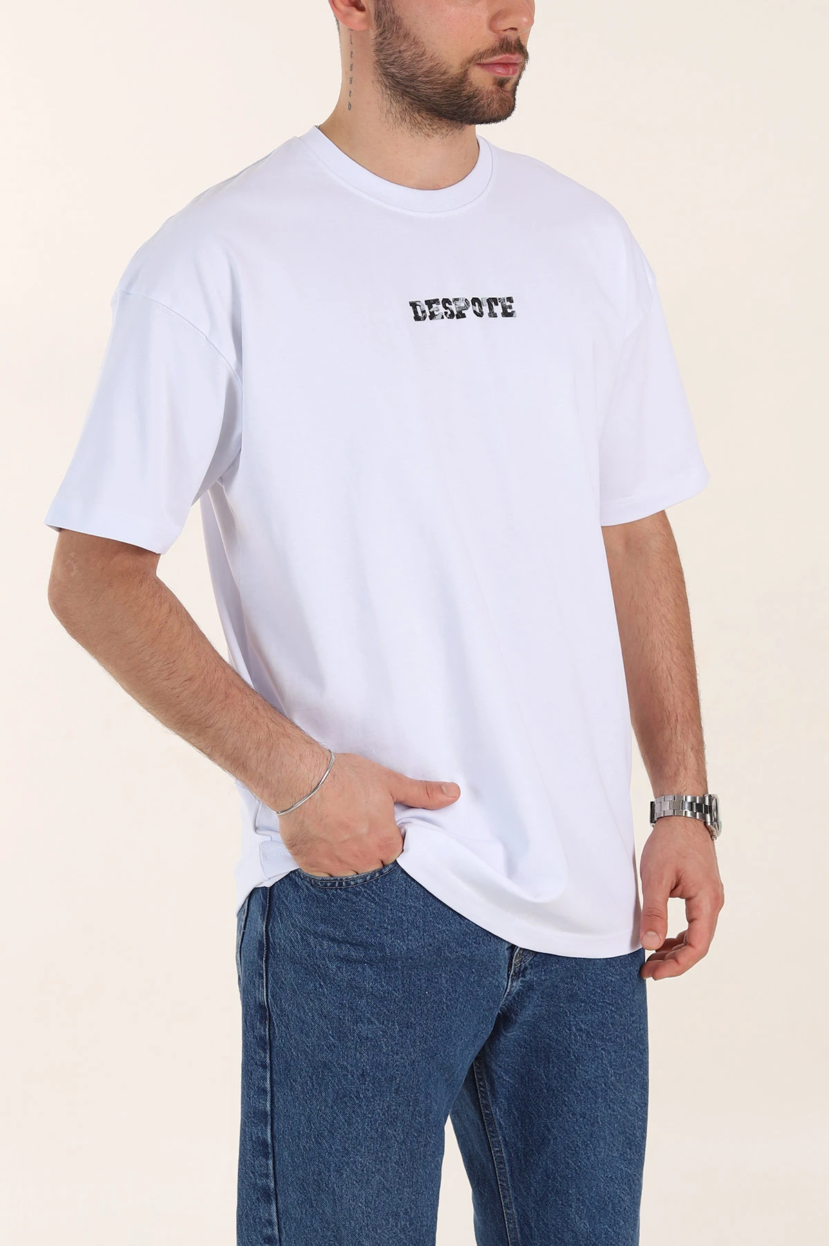 Beyaz Oversize Kabartma Yazı Detaylı Erkek Tişört 358205