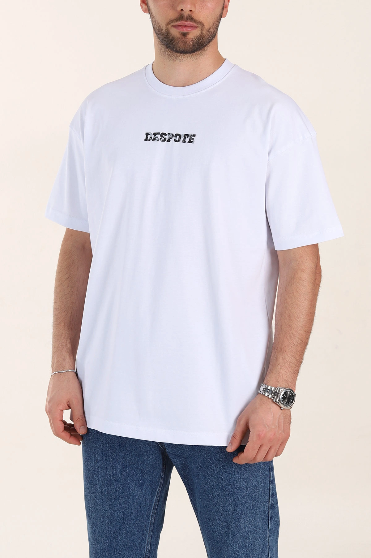 Beyaz Oversize Kabartma Yazı Detaylı Erkek Tişört 358205