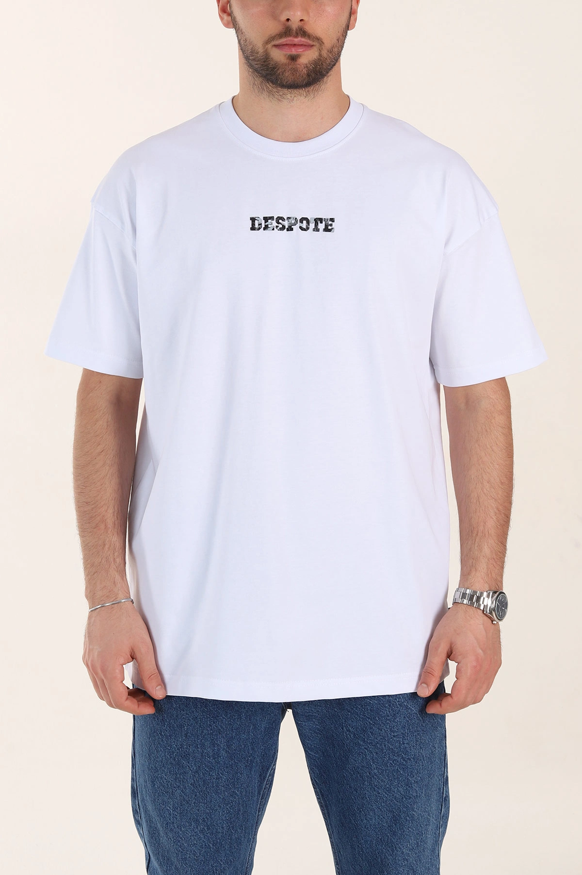 Beyaz Oversize Kabartma Yazı Detaylı Erkek Tişört 358205
