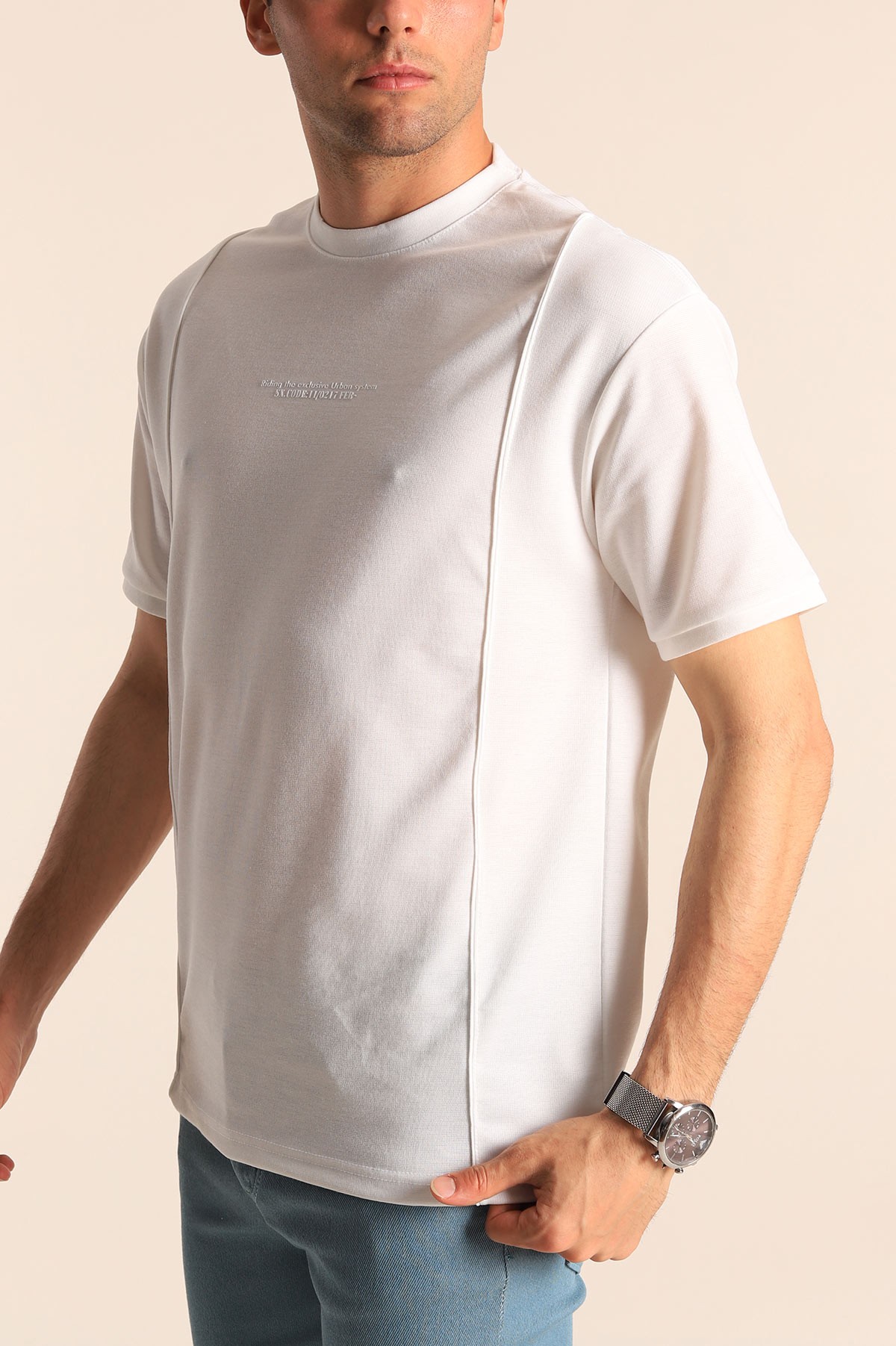 Beyaz Oversize Kabartma Yazılı Dikişli Erkek Tişört 181823