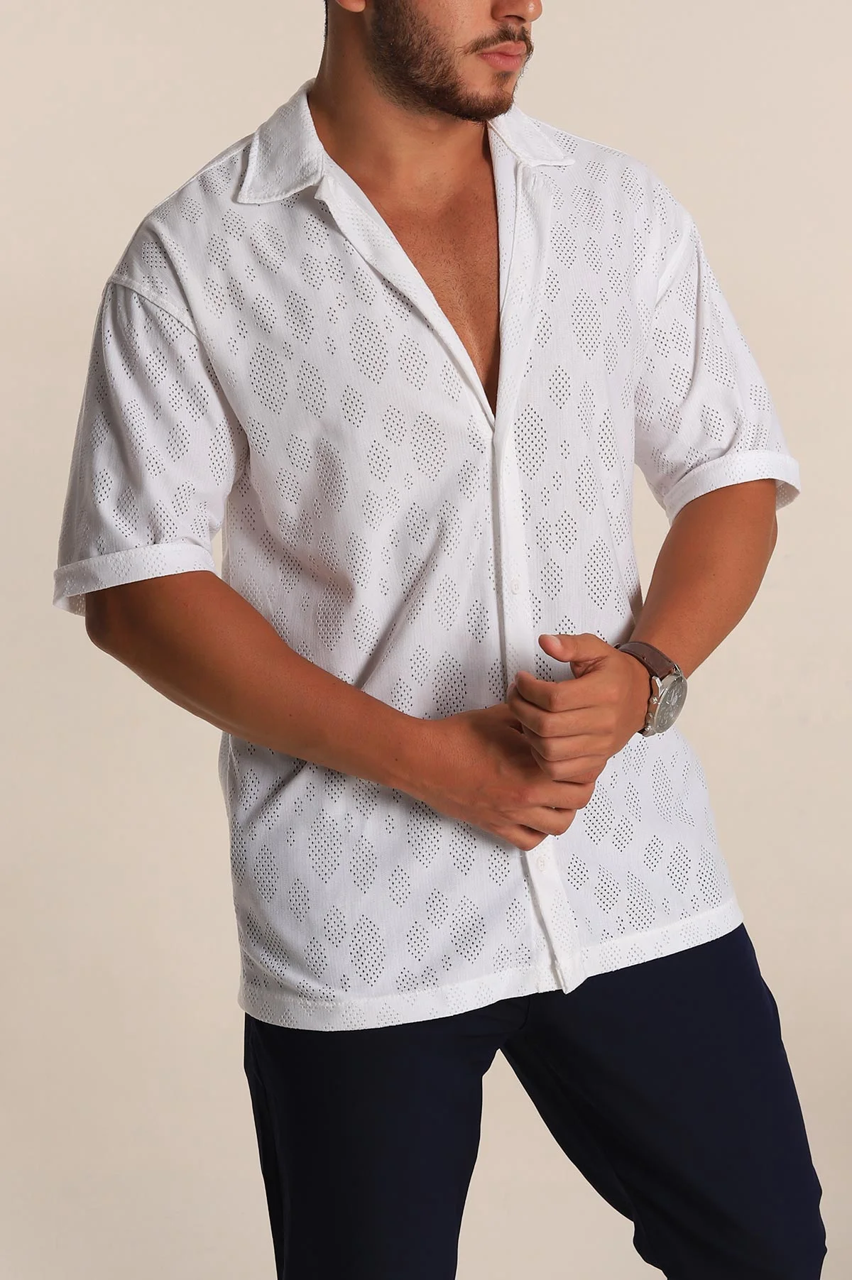 Beyaz Oversize Keten Delikli Kısa Kollu Erkek Gömlek 267082