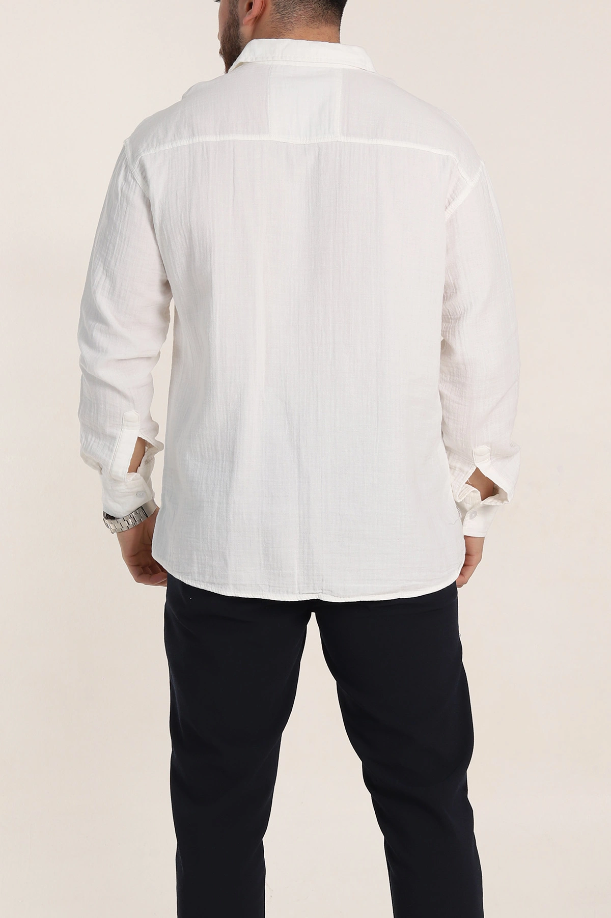Beyaz Oversize Müslin Keten Uzun Kollu Erkek Gömlek 347737