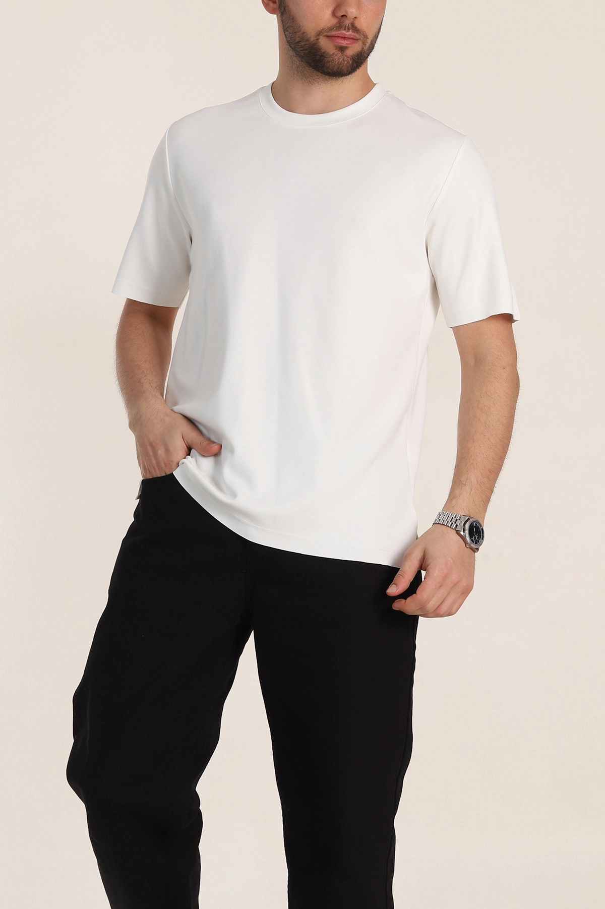 Beyaz Oversize Oysho Kumaş Yırtmaç Detaylı Basic Erkek Tişört 348127