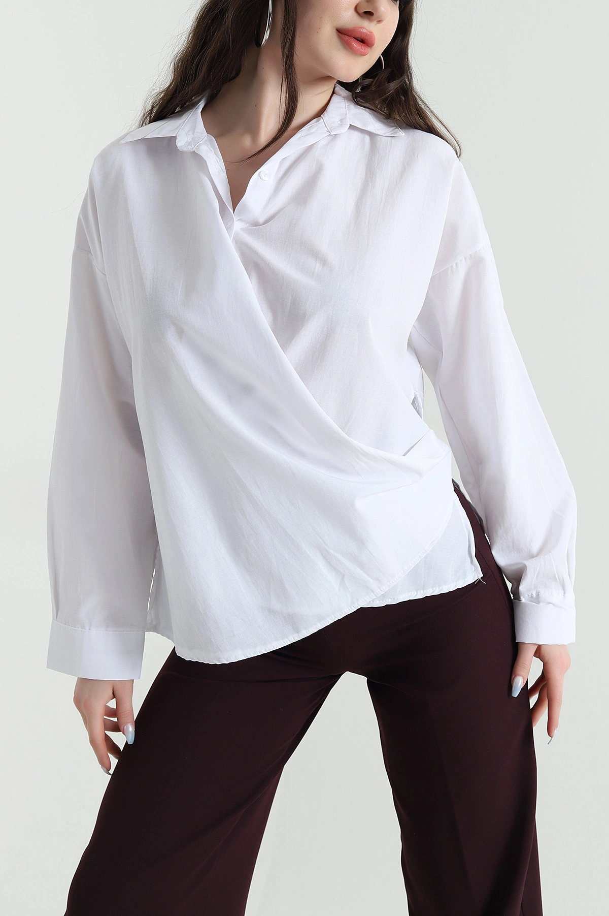 Beyaz Oversize Poplin Kadın Gömlek 448916