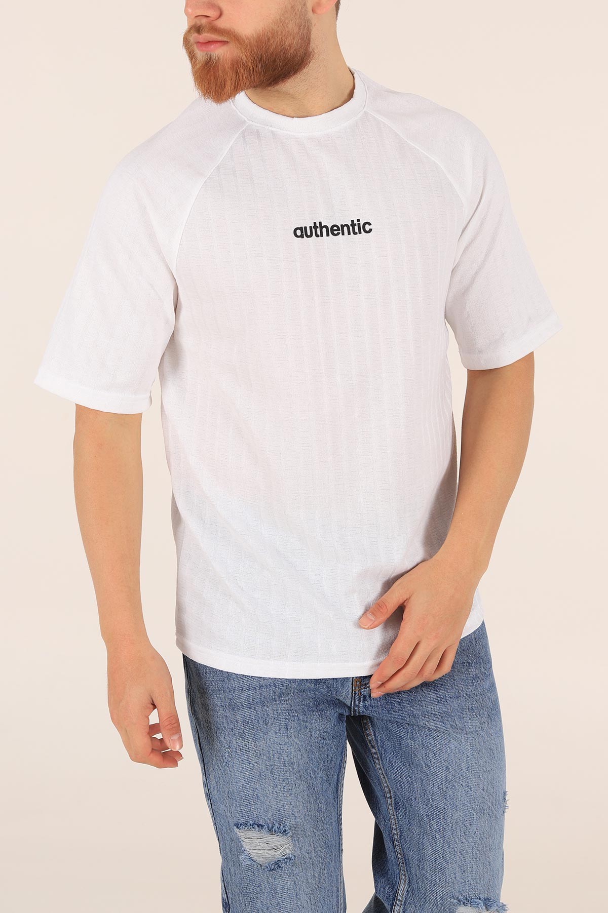 Beyaz Oversize Reglan Kol Baskılı Erkek Tişört 174340