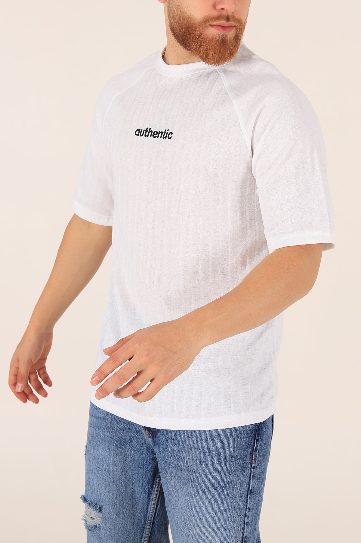 Beyaz Oversize Reglan Kol Baskılı Erkek Tişört 174340