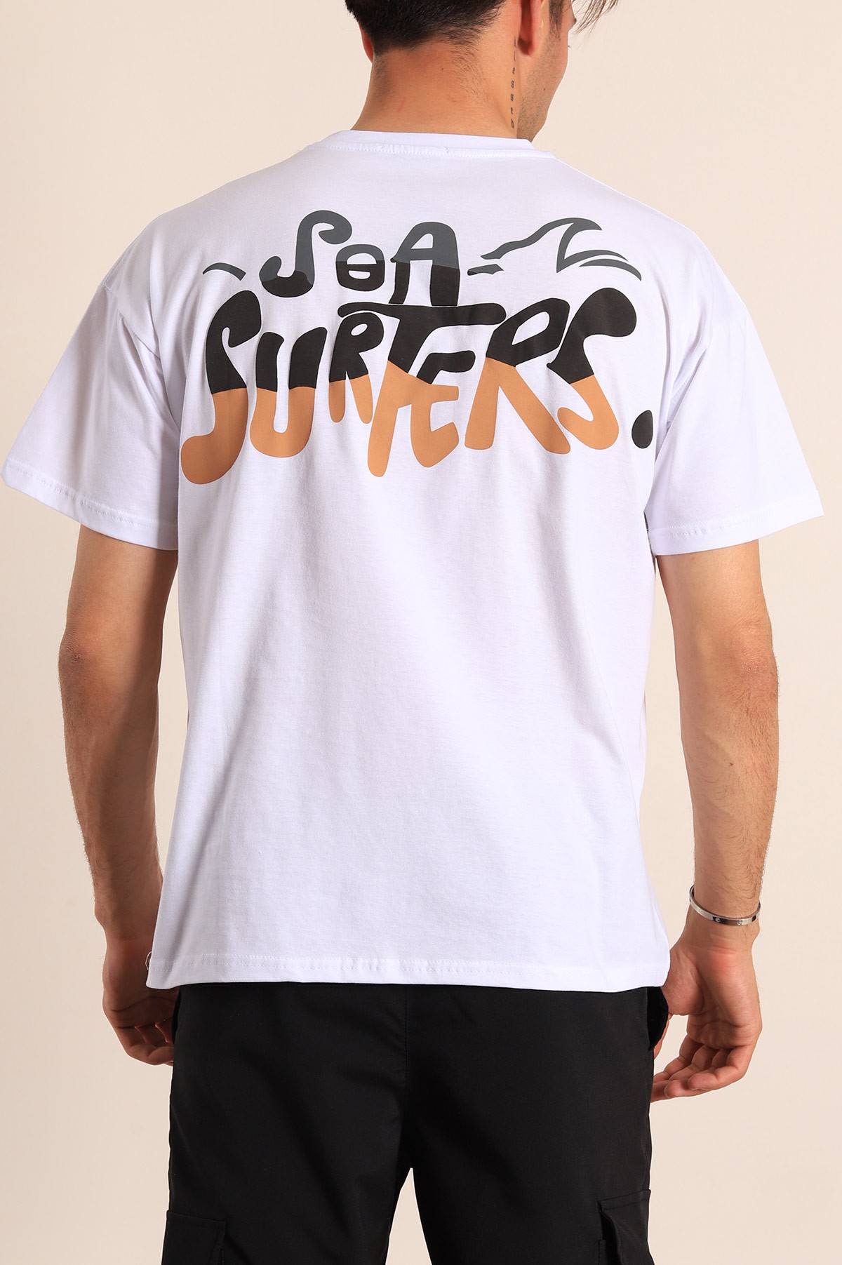 Beyaz Oversize Sea Surfers Sırt Kabartmalı Erkek Tişört 184268