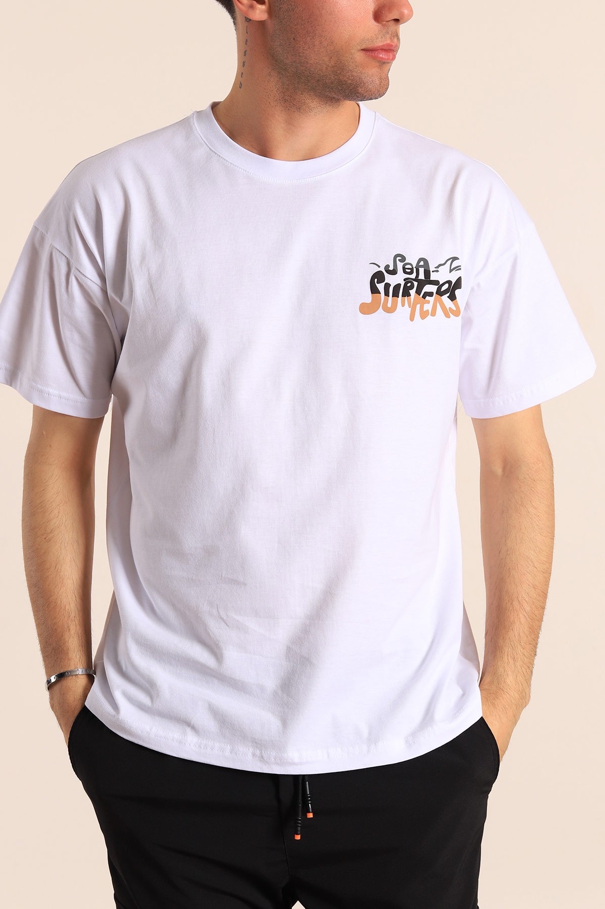 Beyaz Oversize Sea Surfers Sırt Kabartmalı Erkek Tişört 184268