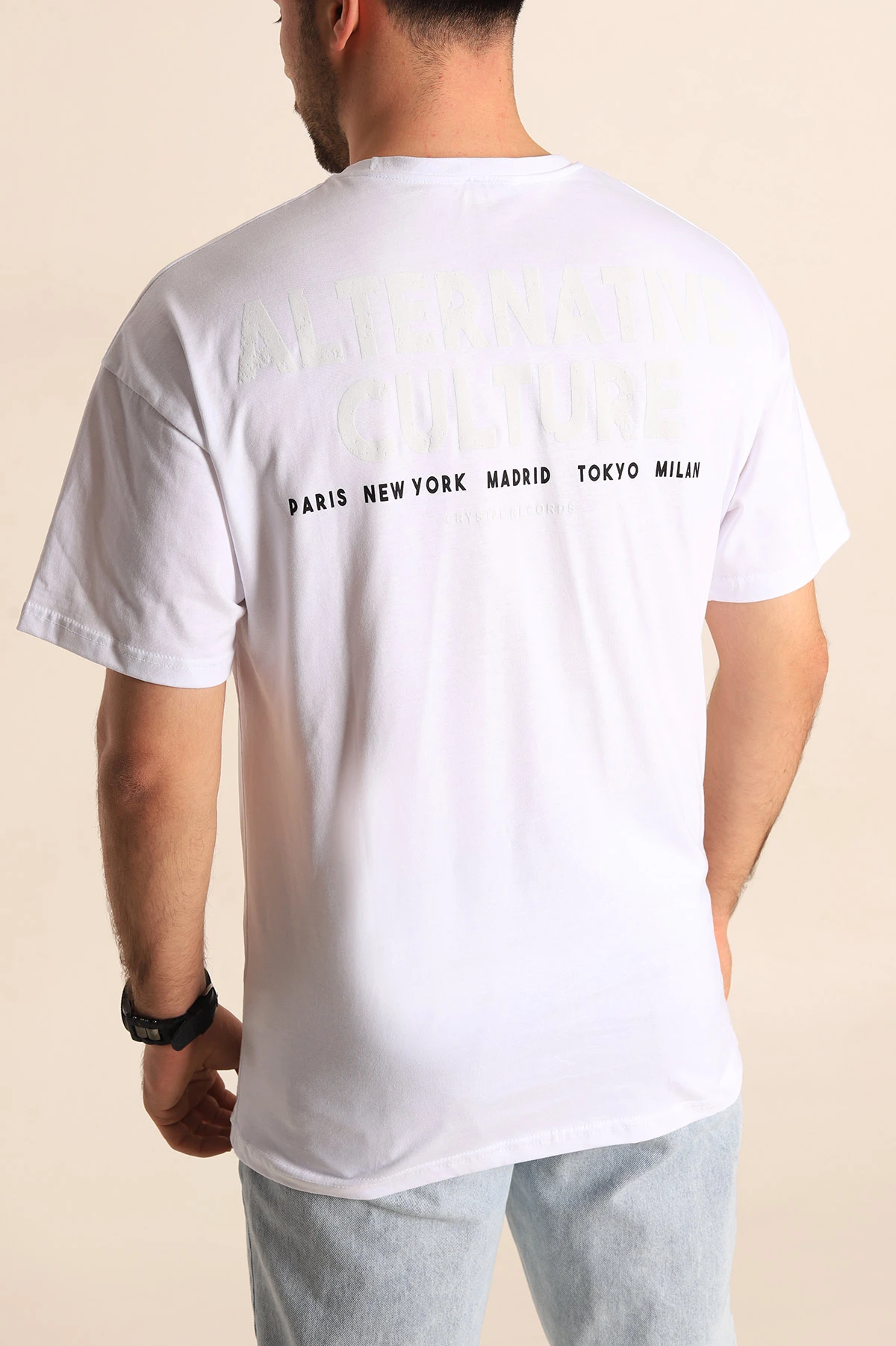 Beyaz Oversize Sırt Baskılı Erkek Tişört 247957