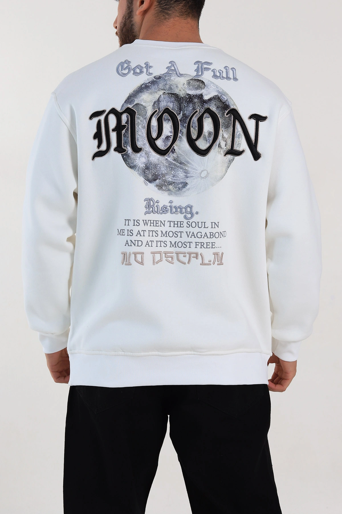 Beyaz Oversize Sırt Nakış Detaylı Baskılı Erkek Sweatshirt 306977