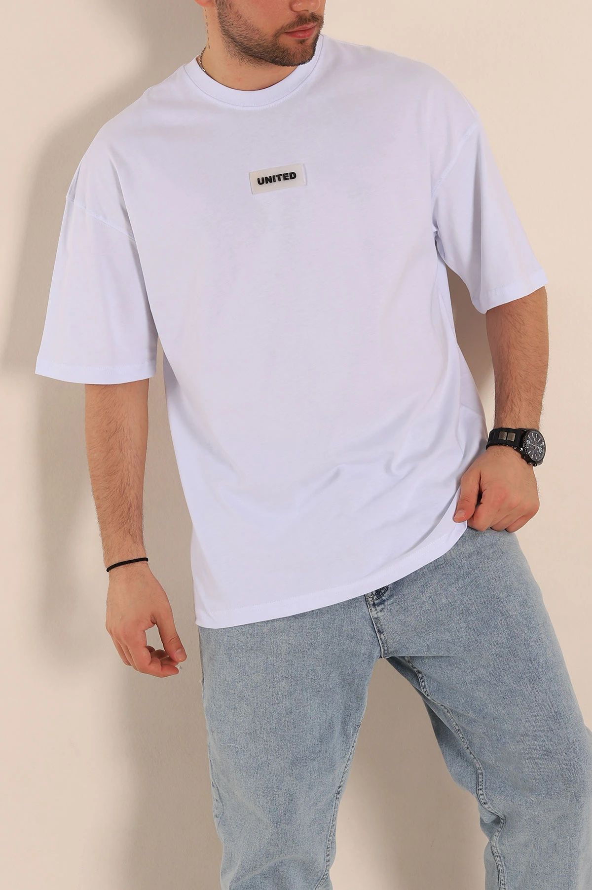Beyaz Oversize Suprem Kumaş Plastik Baskı Detaylı Erkek Tişört 267363