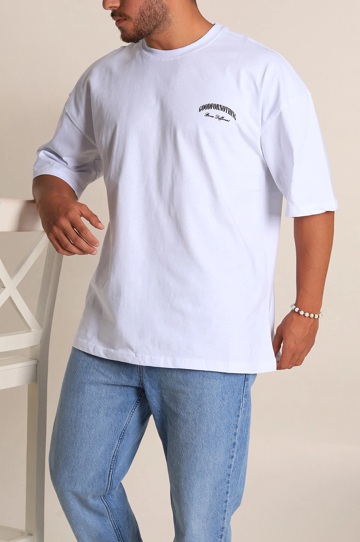 Beyaz Oversize Suprem Kumaş Sırt Baskılı Erkek Tişört 267370