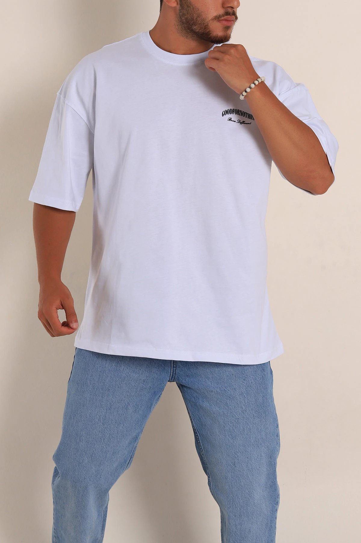 Beyaz Oversize Suprem Kumaş Sırt Baskılı Erkek Tişört 267370