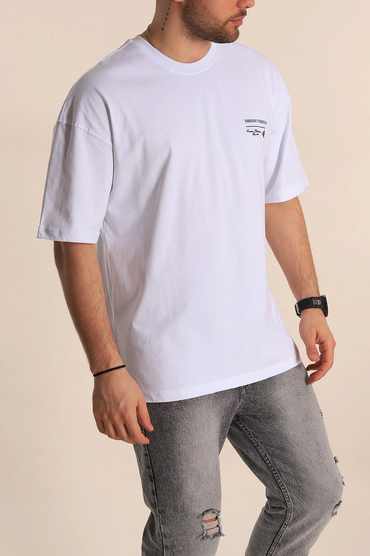 Beyaz Oversize Suprem Kumaş Sırt Baskılı Erkek Tişört 267437