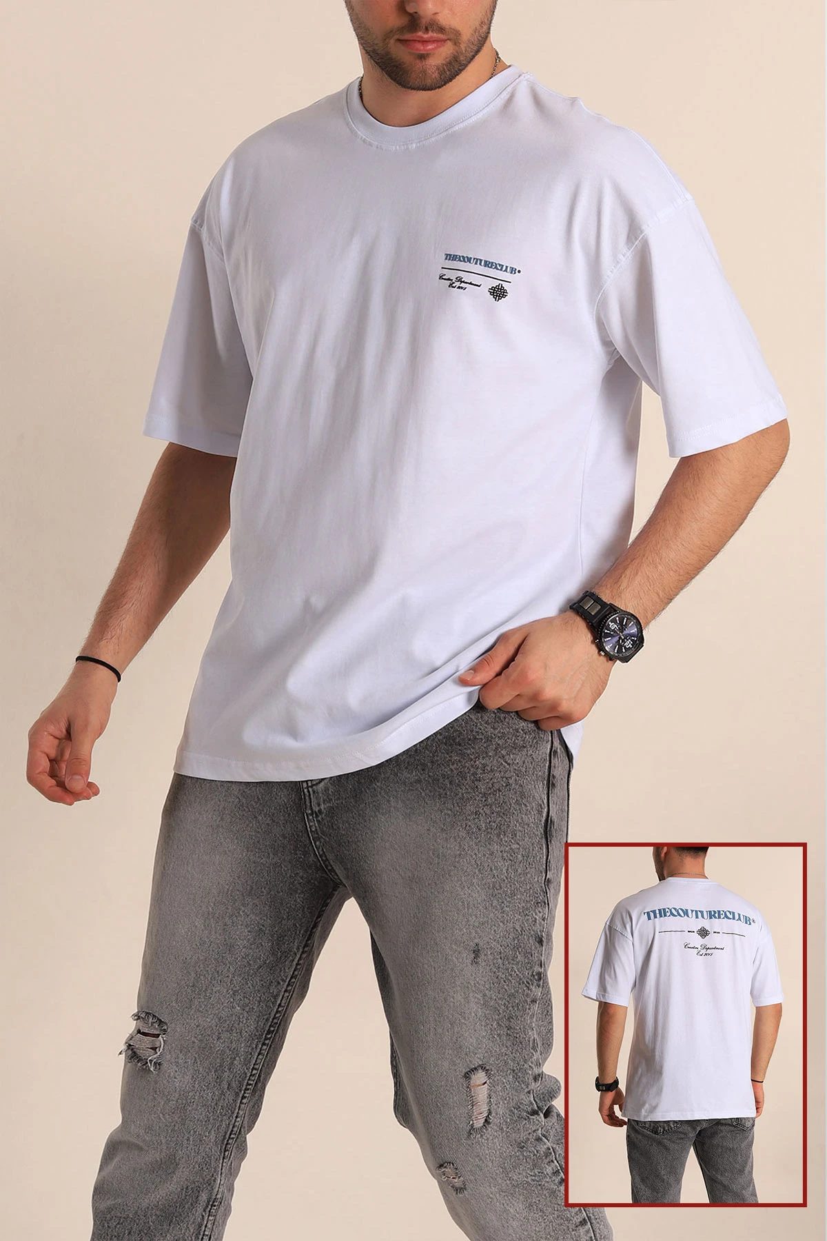 Beyaz Oversize Suprem Kumaş Sırt Baskılı Erkek Tişört 267437