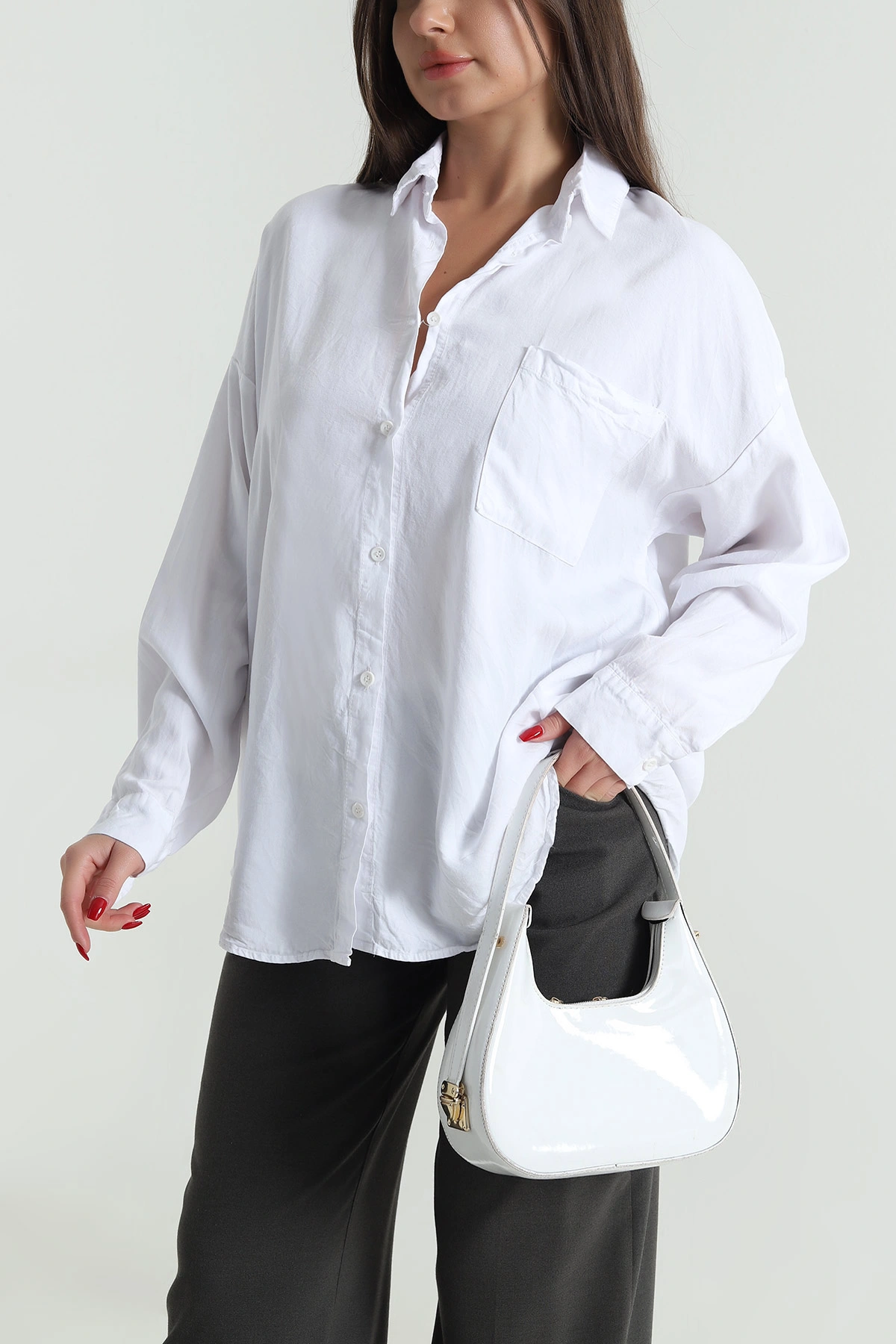 Beyaz Oversize Tensel Kadın Gömlek 492649