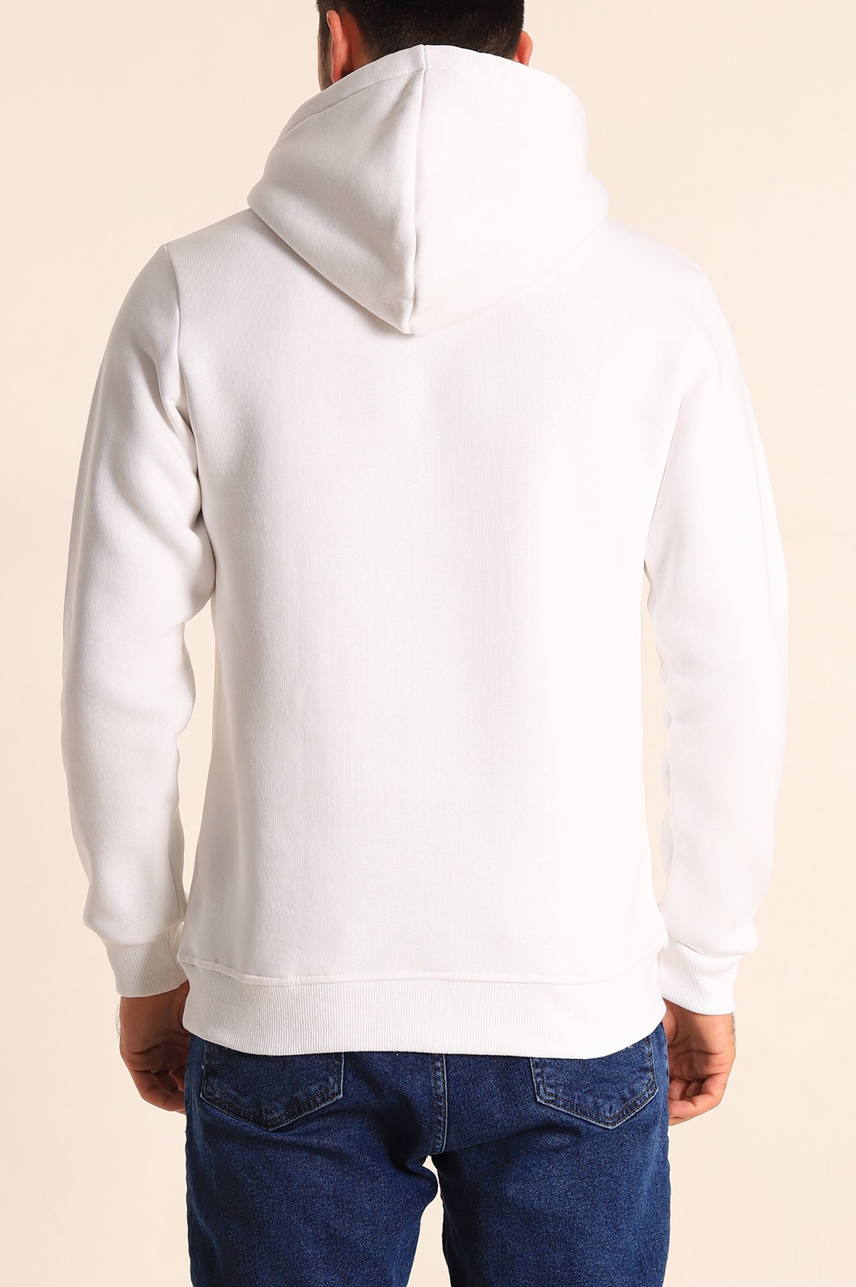 Beyaz Oversize Üç İp Şardonlu Basic Kapüşonlu Erkek Sweatshirt 222532