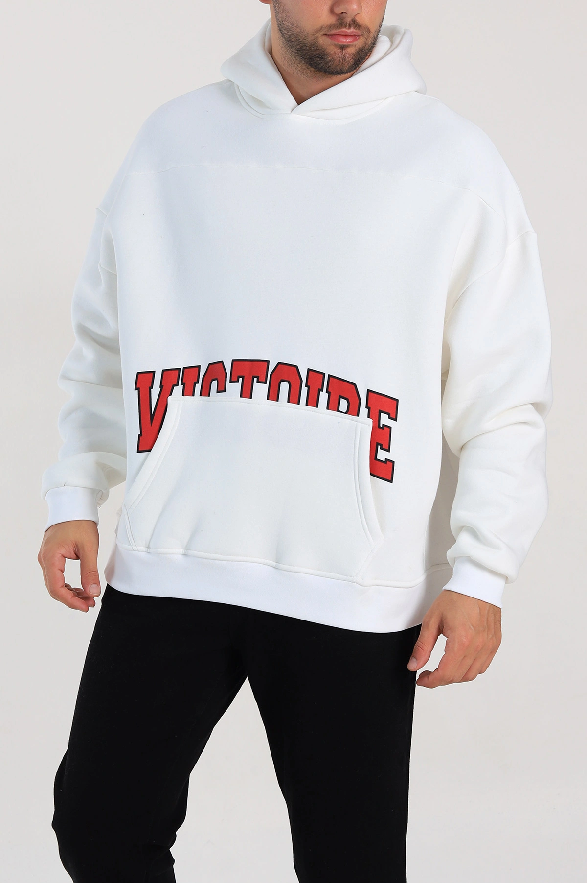 Beyaz Oversize Üç İp Şardonlu Baskılı Kanguru Cepli Kapüşonlu Erkek Sweatshirt 307230