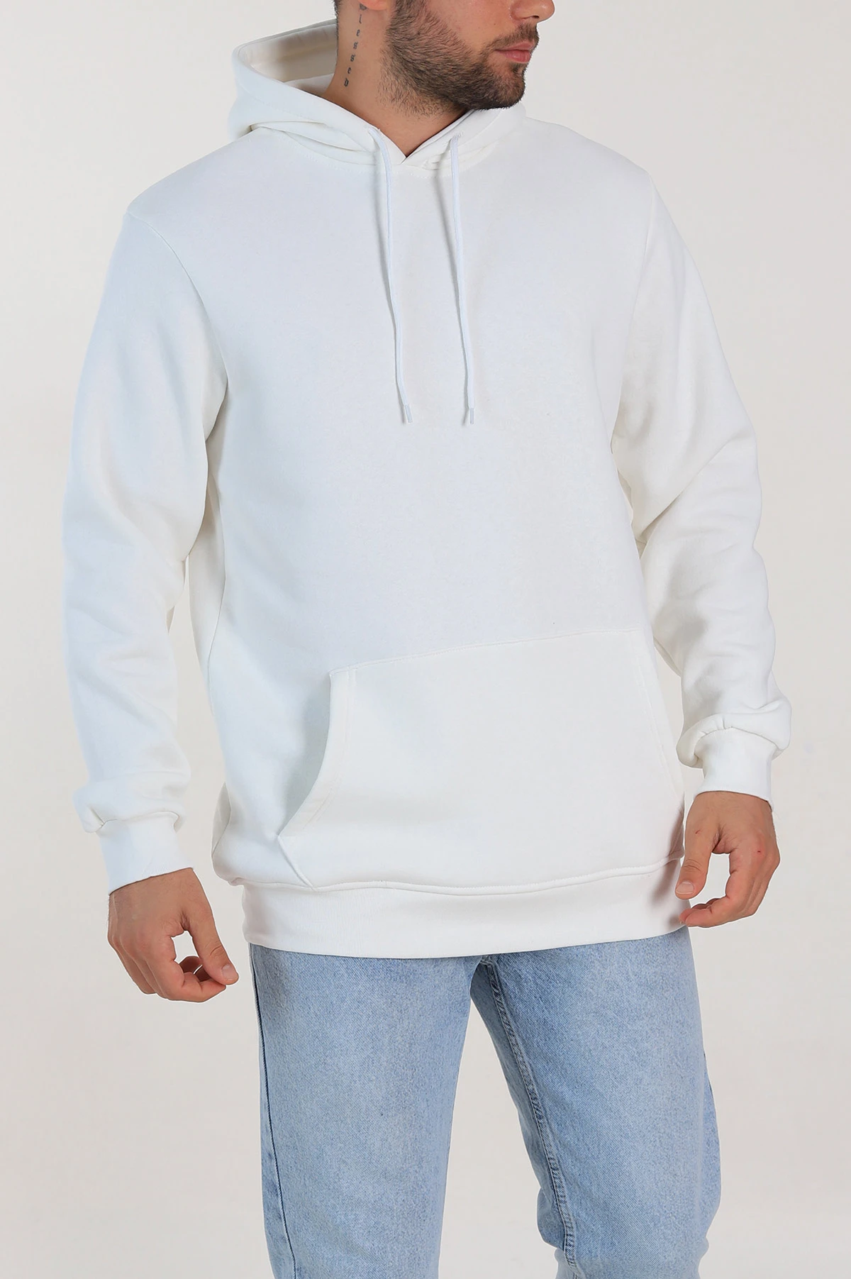 Beyaz Oversize Üç İp Şardonlu Erkek Basic Kapüşonlu Sweatshirt 316271