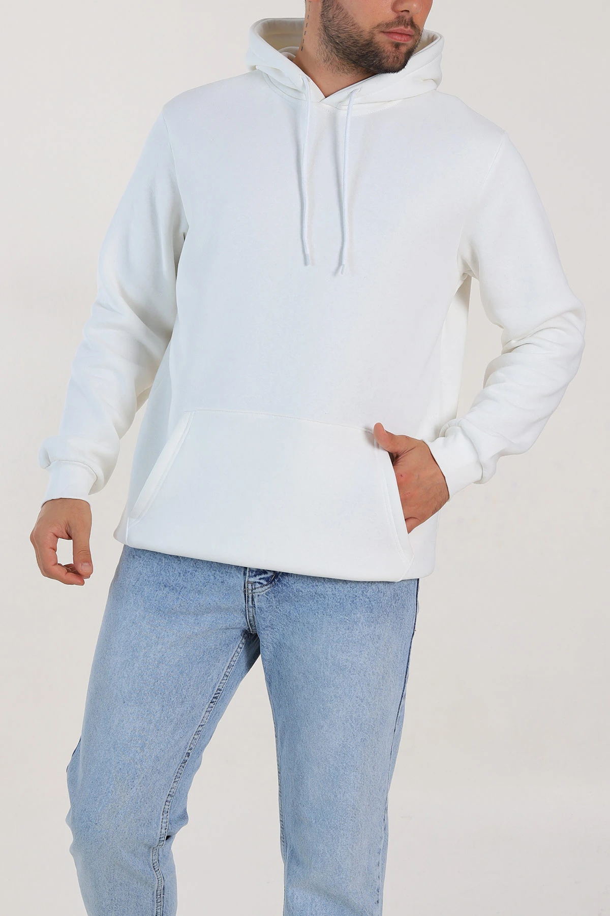 Beyaz Oversize Üç İp Şardonlu Erkek Basic Kapüşonlu Sweatshirt 316271