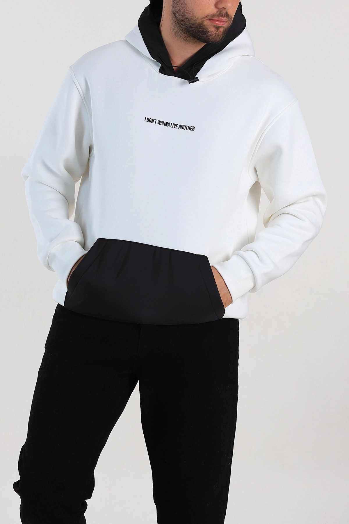 Beyaz Oversize Üç İp Şardonlu Kapüşonlu Erkek Sweatshirt 309121