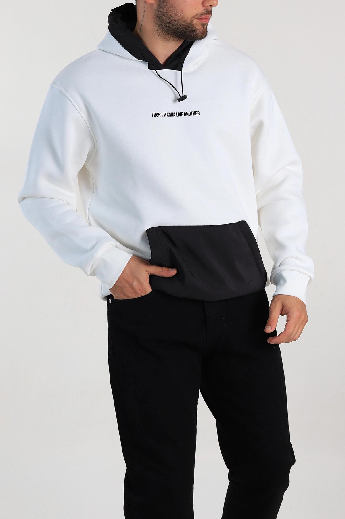 Beyaz Oversize Üç İp Şardonlu Kapüşonlu Erkek Sweatshirt 309121