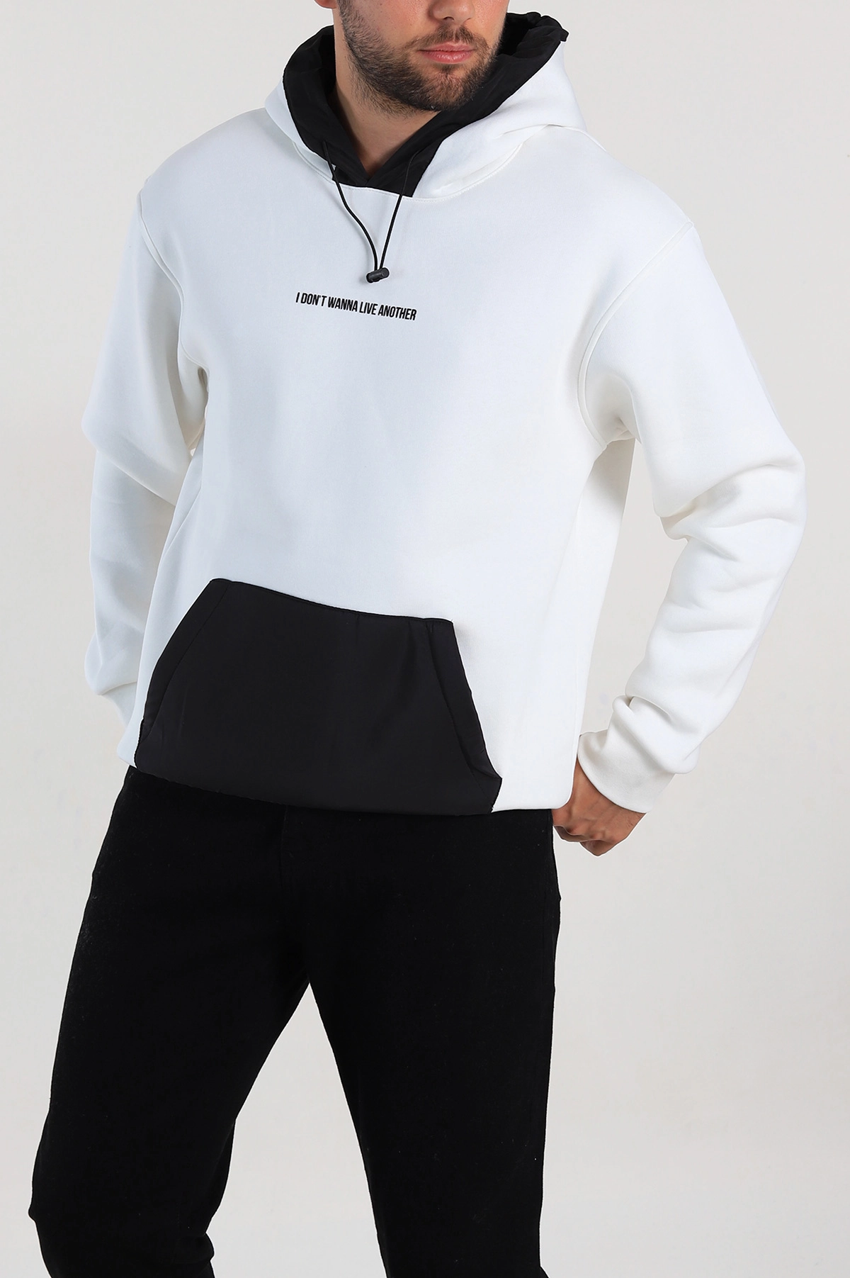 Beyaz Oversize Üç İp Şardonlu Kapüşonlu Erkek Sweatshirt 309121