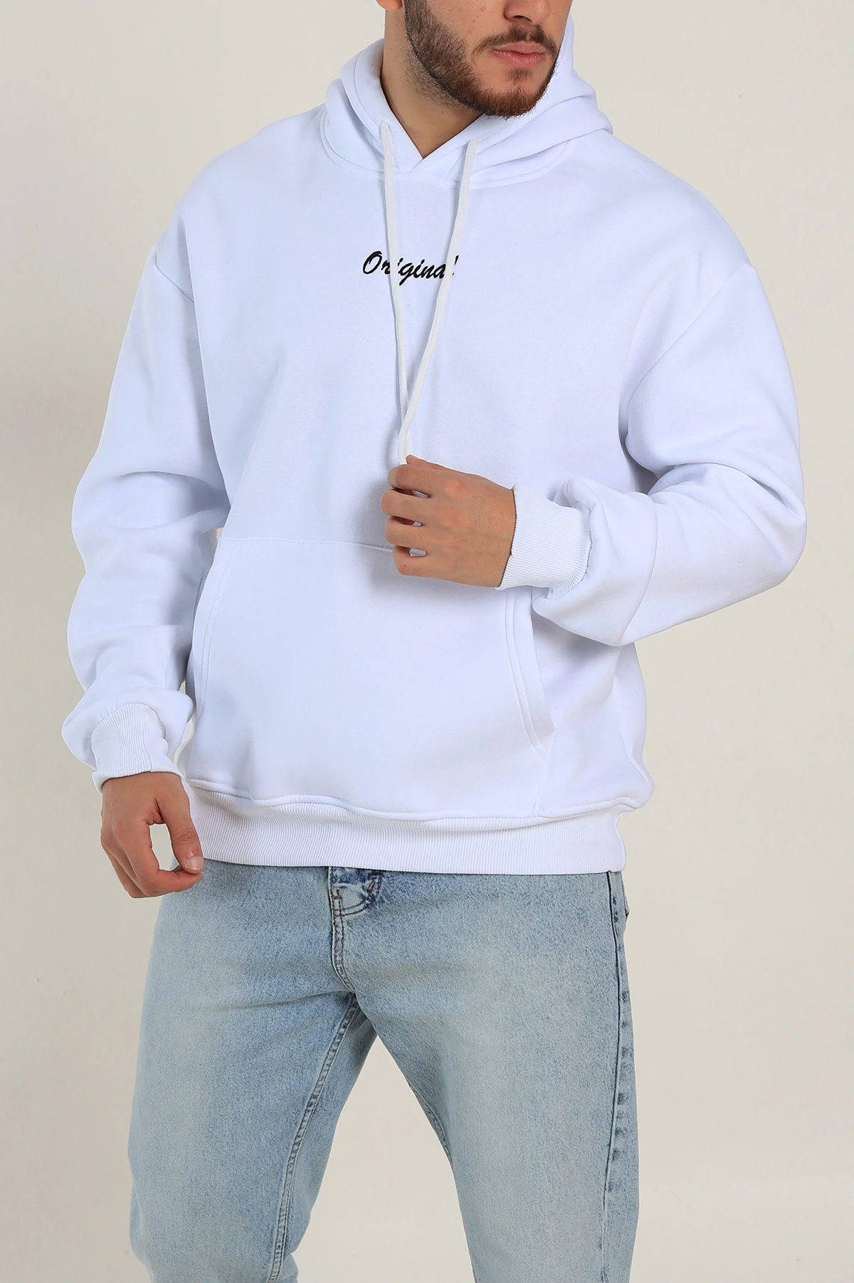 Beyaz Oversize Üç İp Şardonlu Yazı Detaylı Kapüşonlu Erkek Sweatshirt 310968