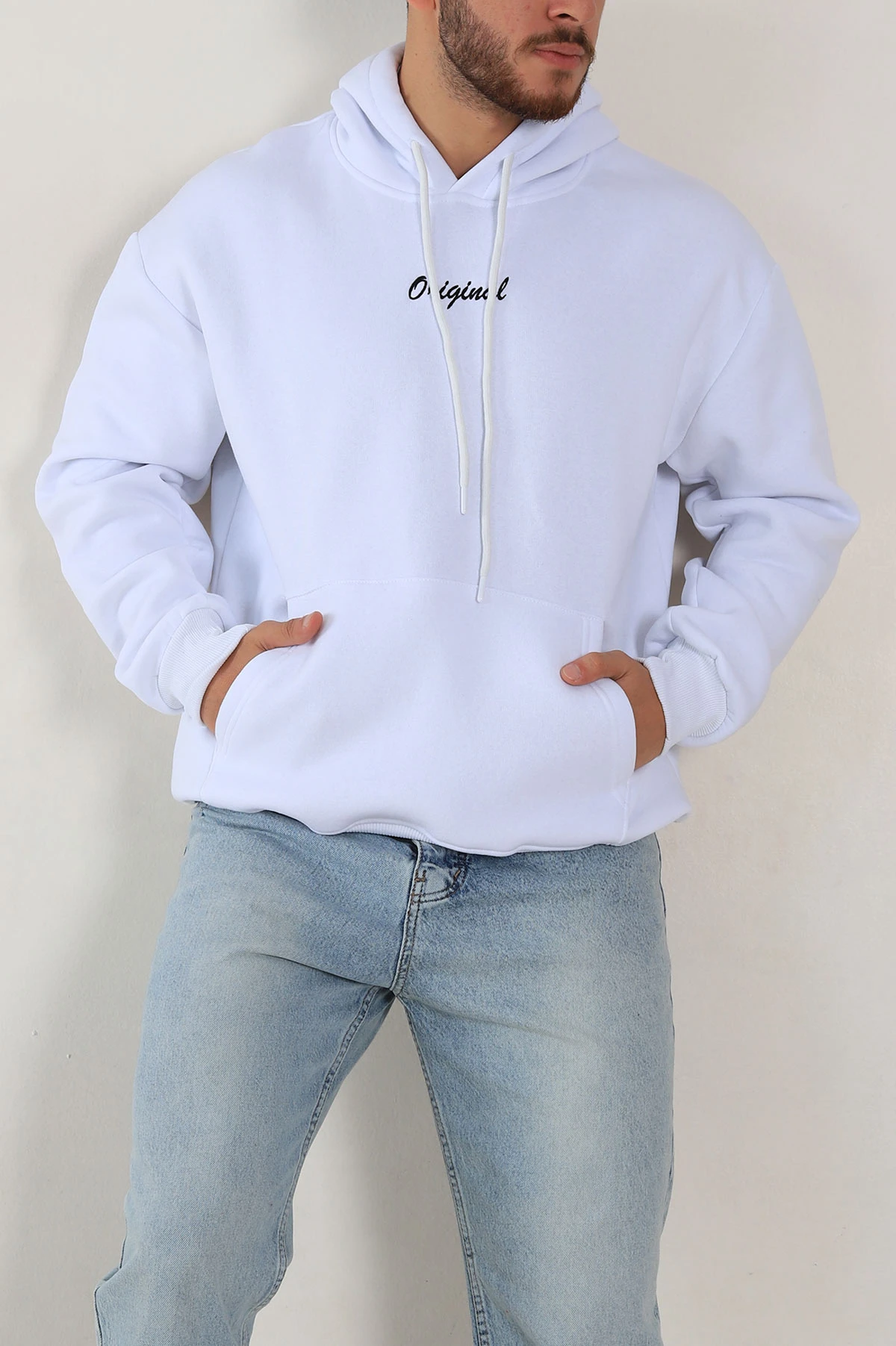 Beyaz Oversize Üç İp Şardonlu Yazı Detaylı Kapüşonlu Erkek Sweatshirt 310968