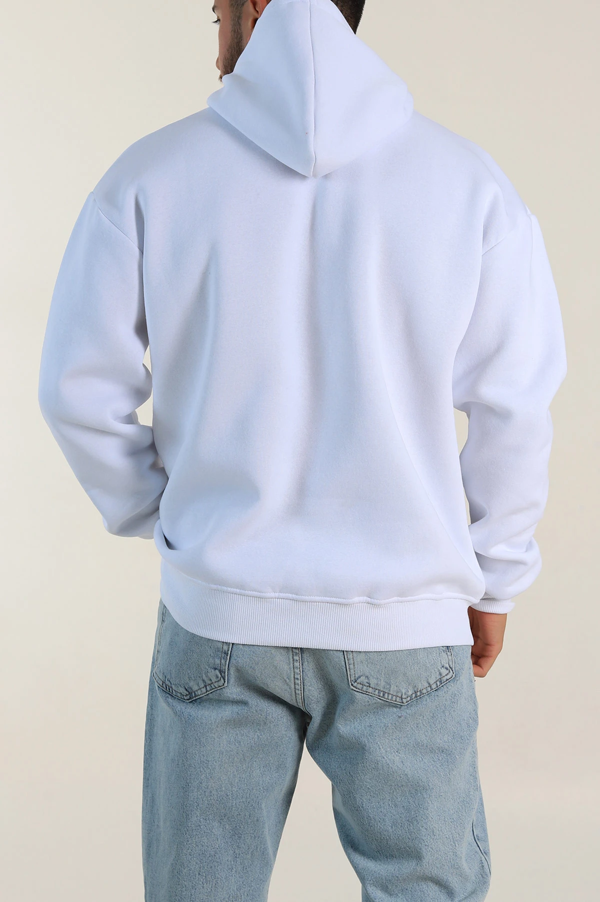 Beyaz Oversize Üç İp Şardonlu Yazı Detaylı Kapüşonlu Erkek Sweatshirt 310968